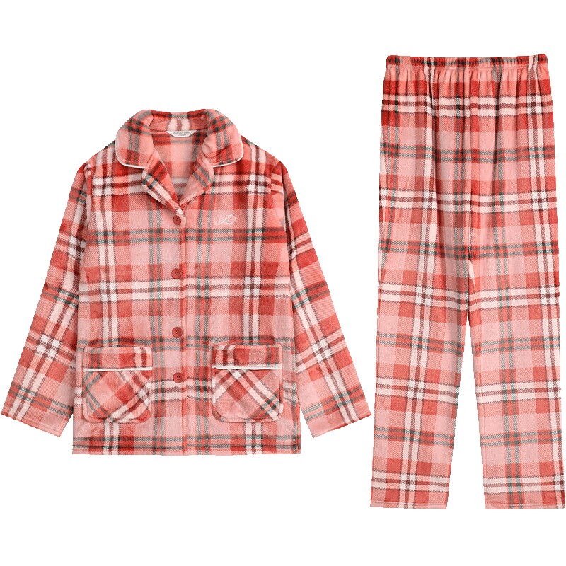加厚格子家居服套装珊瑚绒睡衣