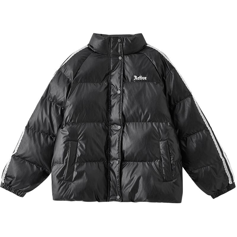 三福棉服2026新款冬季刺绣蕾丝杠条袖皮衣棉衣宽松外套女装505936