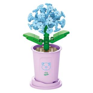 积木花盆栽桌面小摆件花束盆景拼图玫瑰花益智拼装玩具男女孩礼物