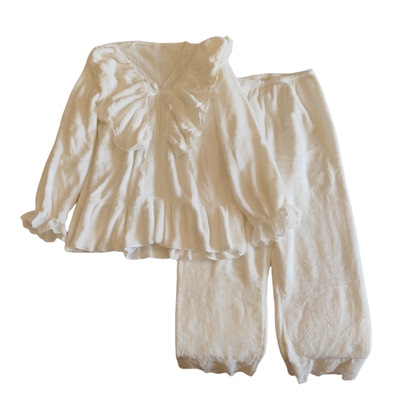 秋冬季睡衣女珊瑚绒V领花边宫廷风甜美公主风加厚舒适家居服套装