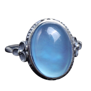 天然海蓝宝戒指玻璃体戒面裸石镶嵌925银戒圈活口可调节送证书