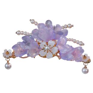 汉服紫色琉璃花瓣发冠唐风明制U钗冠头发饰清新百搭发钗古风头饰