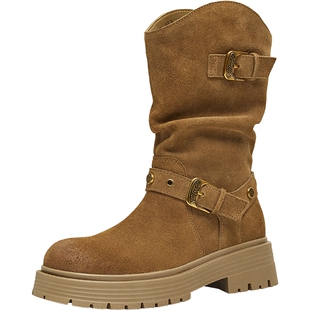 天美意玩具总动员联名黄金V西部靴复古厚底加绒堆堆靴女冬中筒靴