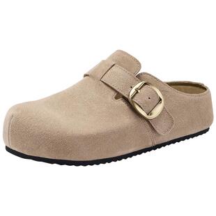 热风复古勃肯鞋女2025年秋季新款休闲包头半拖鞋一脚蹬灰色女鞋子