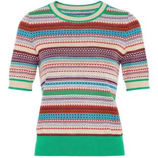 马天奴女装夏季新款绿色条纹复古提花撞色圆领宽松短袖针织衫上衣