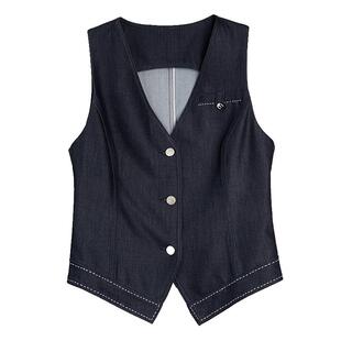 【自营】ELLE摩登设计感无袖V领马甲女2025秋款收腰通勤牛仔马夹