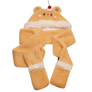 可爱小熊帽子女秋冬季保暖围巾手套耳罩毛绒三件套一体连帽