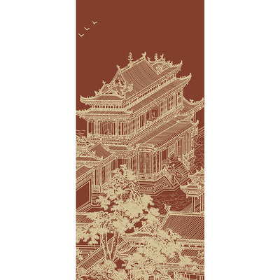 新中式复古建筑卧室衣柜门贴画