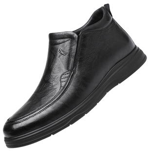 红蜻蜓男鞋冬季休闲高帮皮鞋男加绒保暖真皮牛皮防寒爸爸棉鞋冬天