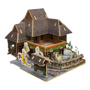 云南傣族竹楼古建筑民居模型木质手工三diy拼装藏族碉楼立体拼图