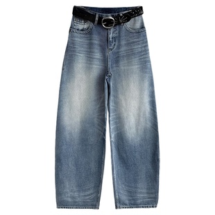 12平方87221蓝色重工水洗弯刀牛仔裤女高腰无弹氛围感显瘦拖地裤