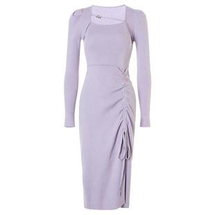 MAXRIENY精致优雅浪漫修身长款开叉系带毛织连衣裙