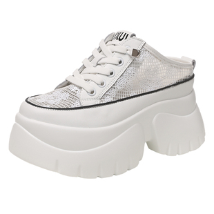 包头网面半拖鞋女2026夏季新款懒人一脚蹬厚底小个子内增高小白鞋