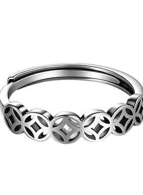 精工黄铜镀银八方来财铜钱戒指