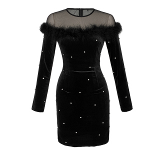 法式赫本风减龄黑色丝绒连衣裙性感镂空小个子长袖包臀小黑裙秋冬