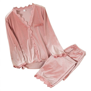 金丝绒睡衣女套装春秋季2025新款纯色蕾丝长袖长裤冬季套装家居服