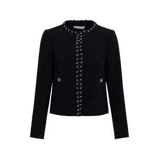 黛玛诗秋冬新款短款圆领小香风外套优雅通勤百搭黑色上衣女