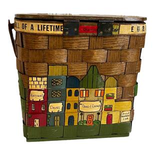 美国代购Vintage㊣ 古着收藏手绘城市景观柳条编织篮子钱包手提包
