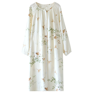 可爱熊睡衣女士春秋薄纯棉纱布长袖家居服宽松大码圆领可外穿睡裙