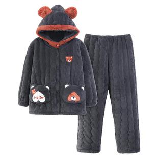 北方零下保暖睡衣冬天三层加厚珊瑚绒夹棉家居服女士宽松休闲卡通