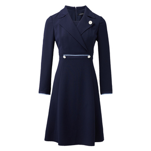 海兰丝2024秋季新款时尚OL风西装领A字裙熟女长袖藏蓝色连衣裙女