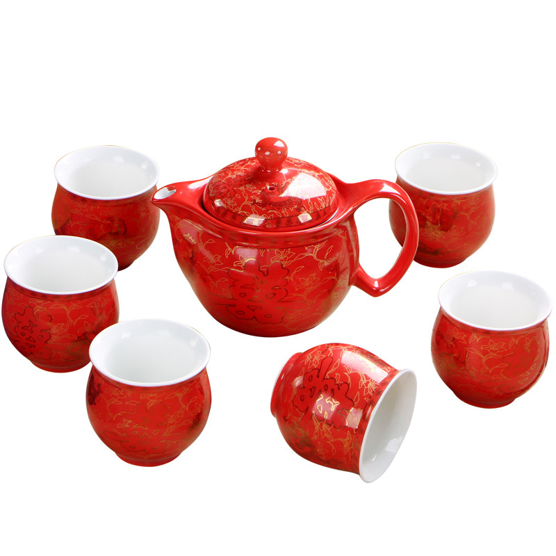 热卖中国婚庆/结婚茶具套装红色双喜水壶/婚庆新人双层隔热敬茶杯