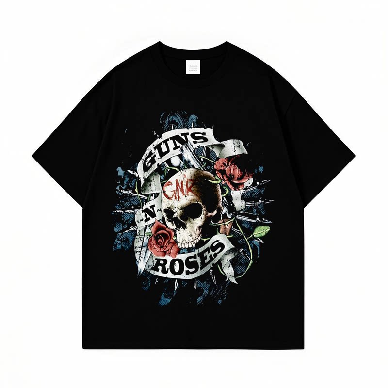 Guns N' Roses摇滚骷髅头印花短袖T恤男女款街头风黑色纯棉上衣夏
