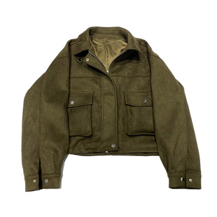 高街欧美ins博主款军绿色麂皮绒外套短款显瘦设计工装大口袋夹克