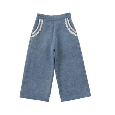 three sailors女童洗水牛仔长裤绣花口袋加厚直筒宽松休闲裤子秋