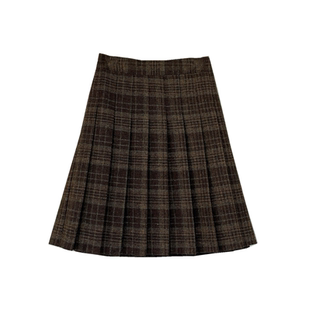 格子毛呢半身裙大码高个子秋冬高腰裙配毛衣a字裙学院风百褶中裙