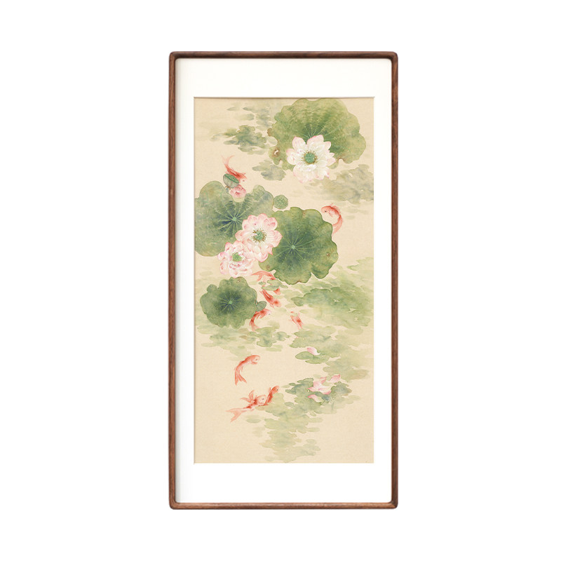 莲花吉荔九鱼图实木挂画