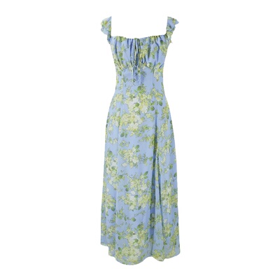 小飞袖花朵连衣裙度假收腰长裙