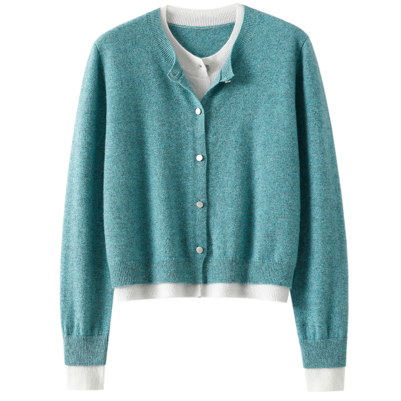 上身尊滴好好看！假两件100%纯山羊绒开衫女圆领纯羊绒毛衣拼色