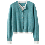 上身尊滴好好看！假两件100%纯山羊绒开衫女圆领纯羊绒毛衣拼色