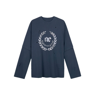 ECHOADE软糯垂坠 水洗做旧斑驳印花拼接双袖设计破洞长袖印花T恤