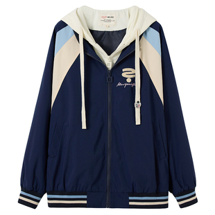 初中生春装外套少女春秋新款夹克大童假两件高中女孩运动上衣连帽