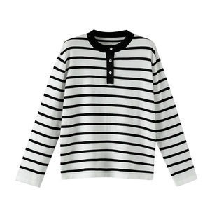 晚白2026年春新款法式条纹松弛通勤上衣大码软糯莱赛尔针织衫女