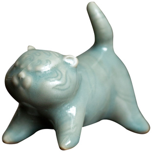 汝窑官窑老虎茶宠摆件小号精品汝道汝瓷可爱生肖寅虎茶道茶玩礼品