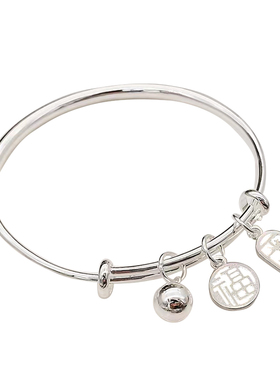 铜镀银平安福气手镯女推拉可调节