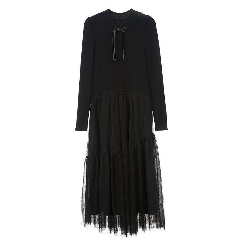 SOMSOM/索玛新中式轻国风连衣裙女冬季针织拼接收腰长袖网纱裙子