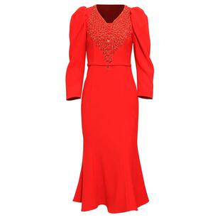 创意狐晚礼服红色敬酒服小个子新娘出阁宴礼服平时可穿鱼尾连衣裙