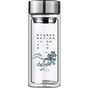 双层玻璃杯300ml带盖真空办公泡茶杯子便携车载水杯透明过滤中式