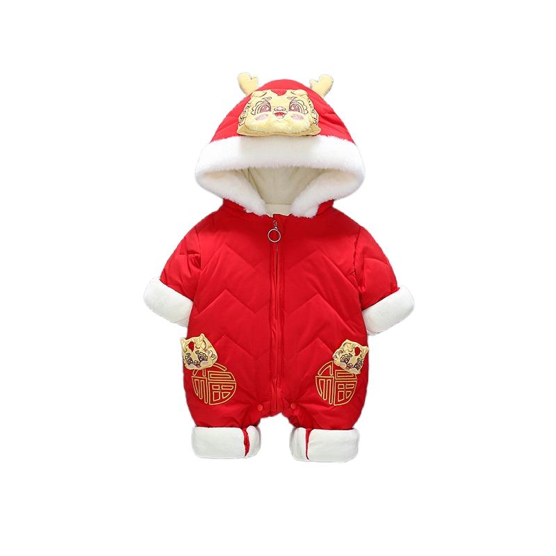 新年服新年宝宝连体衣婴儿衣服拜年过年周岁满月红色喜庆新生儿冬