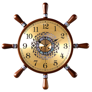复古船舵挂钟客厅家用高级感时钟创意艺术高档大气实木静音钟表