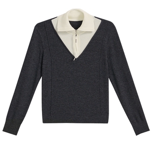 YINER音儿2025秋季新款美丽诺羊毛混纺撞色拉链翻领假两件针织衫