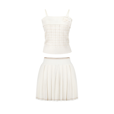 绵羊毛翻领针织吊带百褶半裙套装