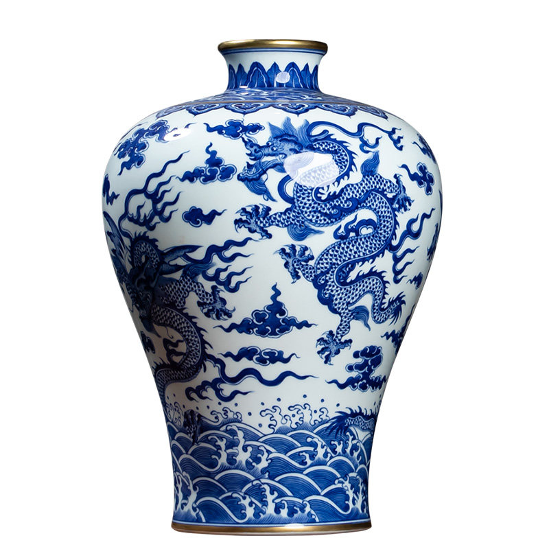 钟家窑梅瓶摆件景德镇陶瓷青花瓷花瓶新中式柴窑瓷瓶客厅龙纹瓷器