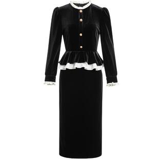 DONEED春款时尚通勤收腰气质优雅拼接设计感丝绒假两件连衣裙女