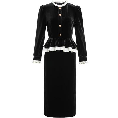 时尚收腰气质优雅丝绒拼接连衣裙