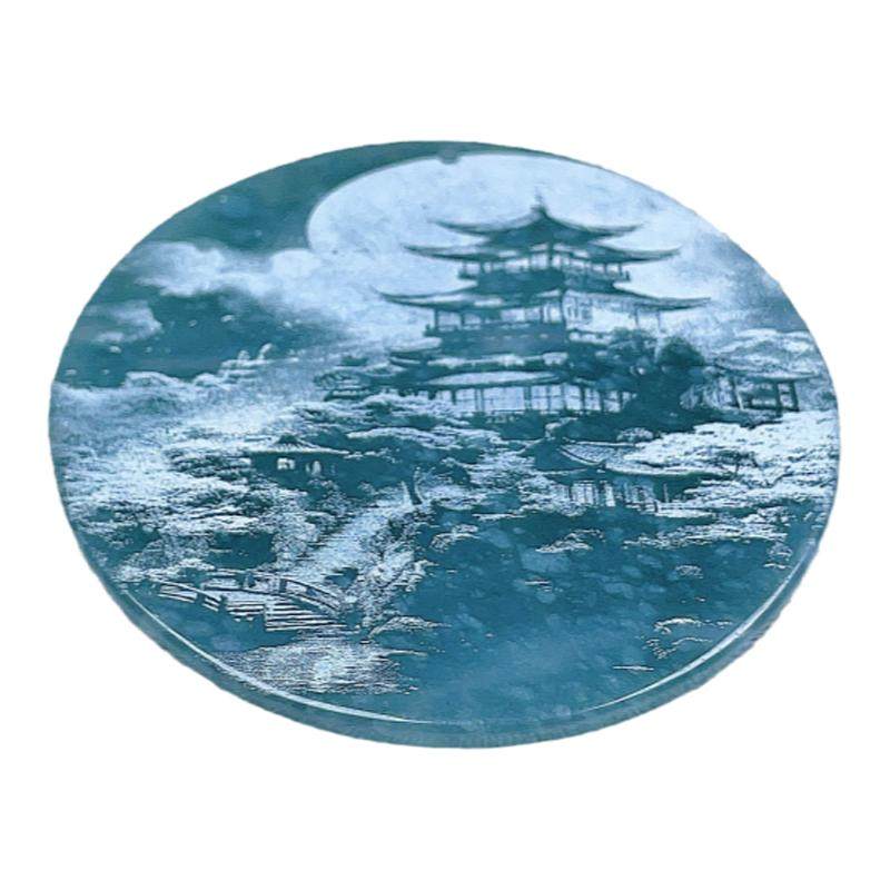 天然翡翠影雕山水吊坠玉圆牌意境